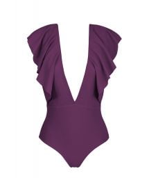 Plum plunging one-piece swimsuit with ruffles - BODY SUBLIME FRILL