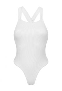 Biały prążkowany jednoczęściowy wysoko wycięty kostium kąpielowy, skrzyżowany na plecach - COTELE-BRANCO OLIVIA
