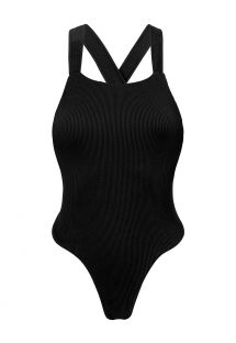 Czarny prążkowany jednoczęściowy wysoko wycięty kostium kąpielowy, skrzyżowany na plecach - COTELE-PRETO OLIVIA