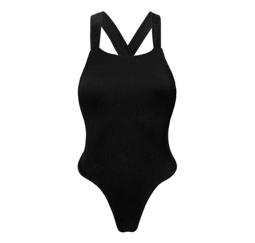Black ribbed high-leg one-piece swimsuit crossed back - COTELE-PRETO OLIVIA