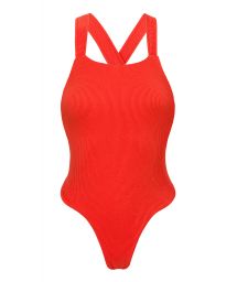 Red ribbed high-leg one-piece swimsuit crossed back - COTELE-TOMATE OLIVIA