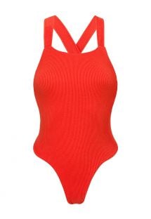 Czerwony prążkowany jednoczęściowy wysoko wycięty kostium kąpielowy, skrzyżowany na plecach - COTELE-TOMATE OLIVIA