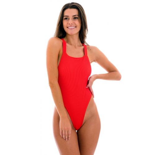 Red ribbed high-leg one-piece swimsuit crossed back - COTELE-TOMATE OLIVIA