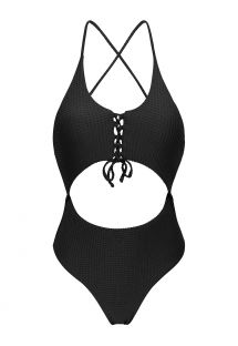 Brazilian Badeanzug schwarz texturiert mit Reliefeffekt, Cut-Out im Bauchbereich - DOTS-BLACK IVY STRAP