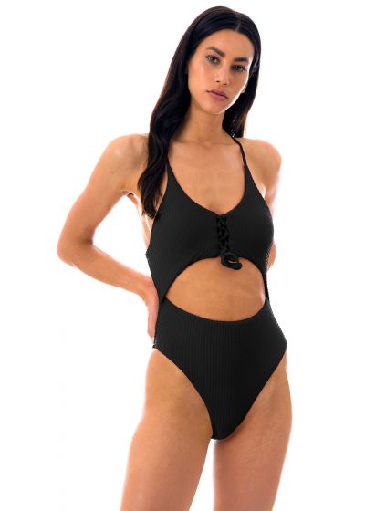 Black textured belly cutout Brazilian one-piece swimsuit - DOTS-BLACK IVY STRAP
