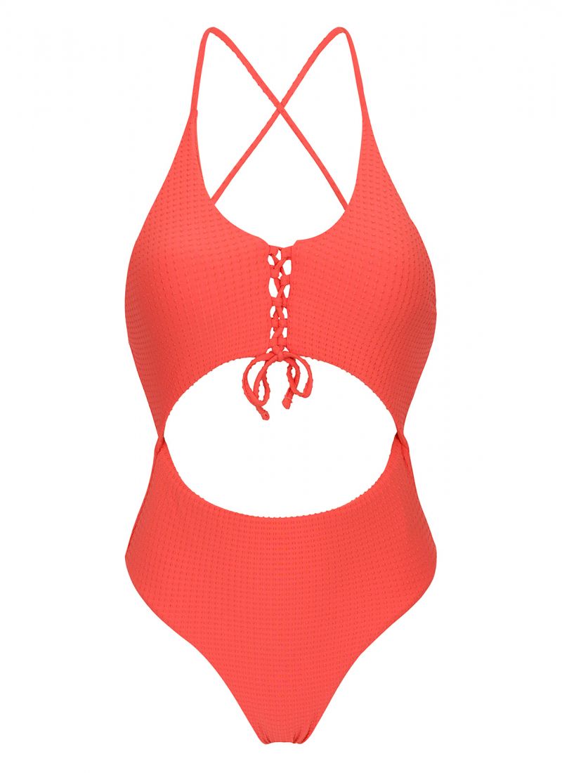 Textured coral belly cutout Brazilian one-piece swimsuit - DOTS-TABATA IVY STRAP
