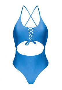 Brazilian Badeanzug blau texturiert, Cut-Out im Bauchbereich - EDEN-ENSEADA IVY STRAP