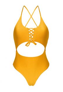 Bañador brasileño de una pieza en amarillo con relieve y abertura en el vientre - EDEN-PEQUI IVY STRAP