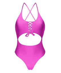 Textured pink Brazilian one-piece swimsuit with belly cutout - EDEN-PINK IVY STRAP