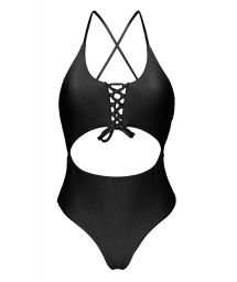 Textured black belly cutout Brazilian one-piece swimsuit - EDEN-PRETO IVY STRAP
