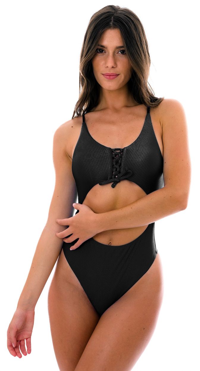 Textured black belly cutout Brazilian one-piece swimsuit - EDEN-PRETO IVY STRAP