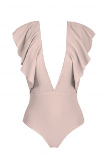 Nude pink plunging one-piece swimsuit with ruffles - ESSENCE FRILL