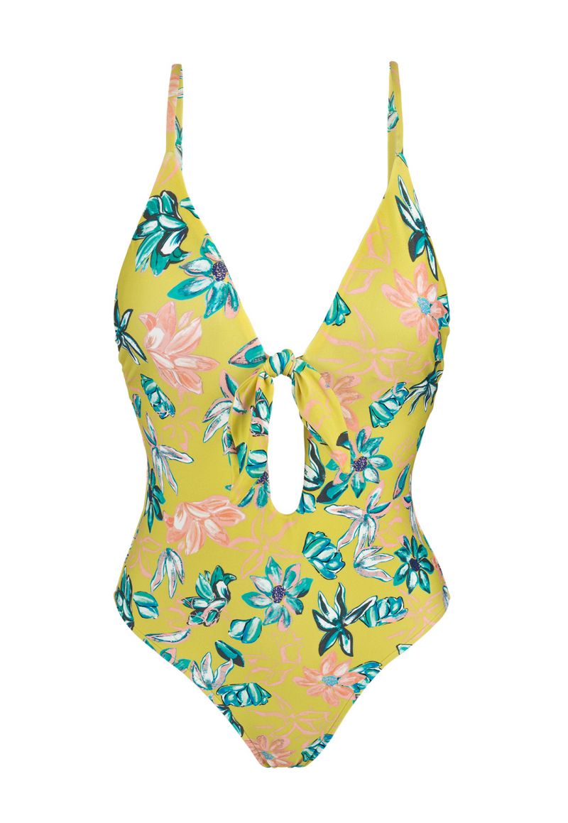 Yellow floral high-leg swimsuit with front knot - FLORESCER HYPE NO