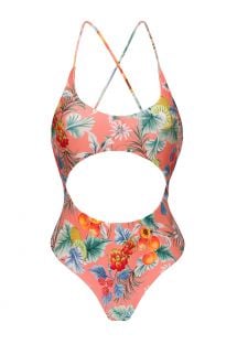 Coral pink print Brazilian one-piece swimsuit with belly cutout - FRUTTI IVY