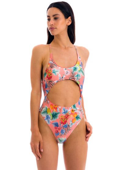 Coral pink print Brazilian one-piece swimsuit with belly cutout - FRUTTI IVY