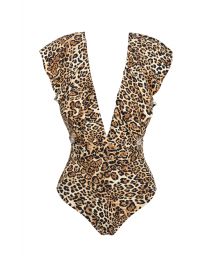 Ruffled deep neckline one-piece swimsuit - leopard - LEOPARDO FRILL
