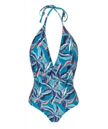 Blue and pink print neck-tie one-piece swimsuit - LILLY TRANSPASSADO