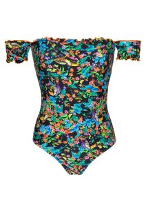 Black floral one-piece swimsuit with sleeves - REALITY FLOWER MAIO OFF SHOULDER