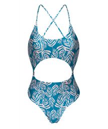Blue flowered Brazilian one-piece swimsuit with belly cutout - PALMS-BLUE IVY