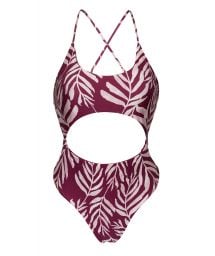 Wine flowered Brazilian one-piece swimsuit with belly cutout - PALMS-VINE IVY