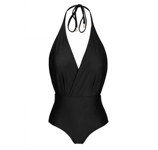 Czarny, jednoczęściowy strój kąpielowy w stylu kopertowym - PRETO TRANSPASSADO