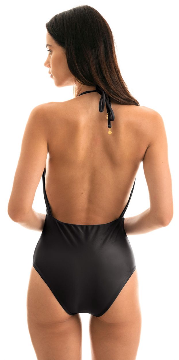 Black wrap style one-piece swimsuit - PRETO TRANSPASSADO