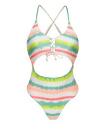 Tie-dye stripes Brazilian one-piece swimsuit with belly cutout - REVELRY IVY STRAP