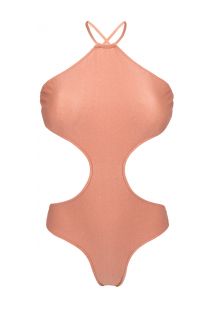 Trikini met hoge hals perzikroze met parelmoerglans - ROSE BODY DECOTE