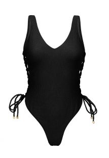 String-Badeanzug schwarz texturiert, Seitenschnürung - ST-TROPEZ BLACK ZOE