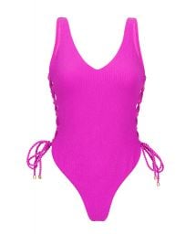 Magenta pink textured thong 1 piece swimsuit with laced sides - ST-TROPEZ PINK ZOE