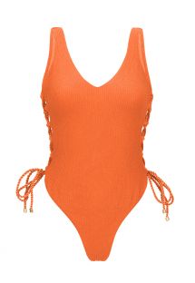 Orange textured thong 1 piece swimsuit with laced sides - ST-TROPEZ TANGERINA ZOE