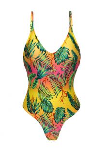 Kolorowy wysoko wycięty jednoczęściowy kostium kąpielowy w tropikalny wzór - SUN-SATION HYPE