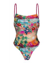 Tropical colored one-piece swimsuit with twisted ties - SUNSET ELLA