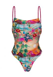 Jednoczęściowy kostium kąpielowy w tropikalnym kolorze ze skręconymi wiązaniami - SUNSET ELLA