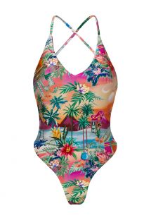 Tropikalny kolorowy jednoczęściowy kostium kąpielowy z wycięciami - SUNSET SOFIA