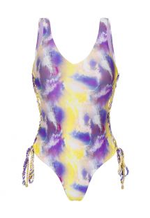 String-Badeanzug mit Tie-Dye-Print violett/gelb, High-Leg-Schnitt - TIEDYE-PURPLE ZOE