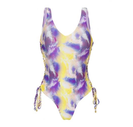 Purple & yellow tie dye thong 1 piece swimsuit with laced sides - TIEDYE-PURPLE ZOE
