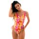 Orange & red tie dye thong 1 piece swimsuit with laced sides - TIEDYE-RED ZOE