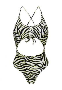 Black & white tabby belly cut Brazilian one-piece swimsuit - WILD-BLACK IVY STRAP