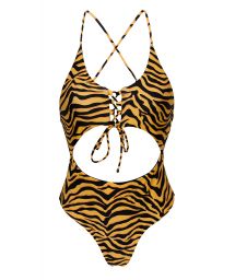 Orange & black tabbed Brazilian one-piece swimsuit with belly cutout - WILD-ORANGE IVY STRAP