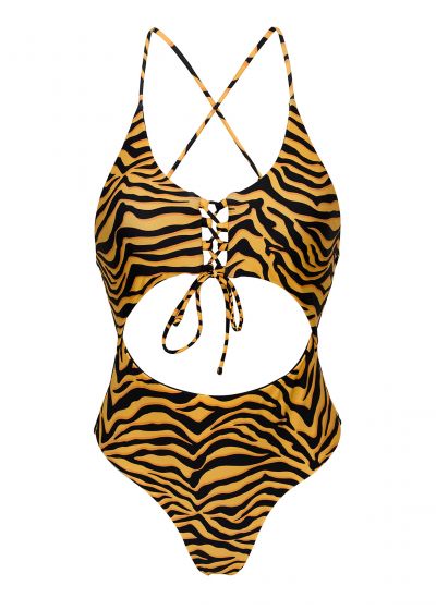 Orange & black tabbed Brazilian one-piece swimsuit with belly cutout - WILD-ORANGE IVY STRAP