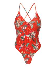 Red high-leg one-piece swimsuit with floral print - WILDFLOWERS SOFIA