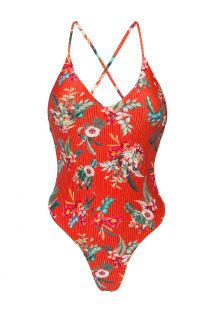 Czerwony jednoczęściowy kostium kąpielowy z wysokim stanem i kwiatowym nadrukiem - WILDFLOWERS SOFIA