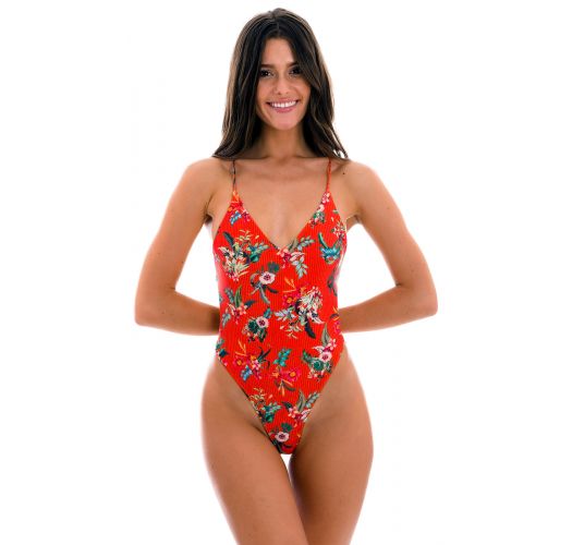 Red high-leg one-piece swimsuit with floral print - WILDFLOWERS SOFIA