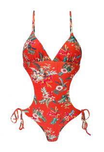 Monokini scrunch rosso brasiliano con lacci laterali con stampa floreale - WILDFLOWERS TRIKINI