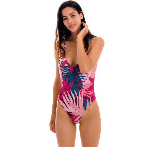 Pink & blue high-leg one-piece swimsuit with leaf print - YUCCA HYPE