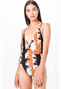 Tropical one-piece swimsuit with deep neckline - PLUNGE MAMBO