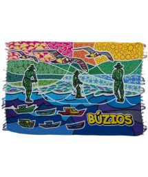 Рыбаки, чайки и лодки изображены на фоне красочных узоров - CANGA BUZIOS