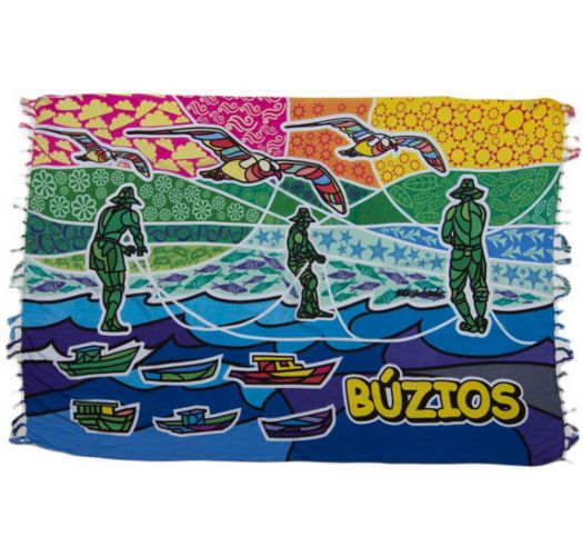 Характерни колоритни рибари, чайки и лодки върху фон в ярки цветове - CANGA BUZIOS
