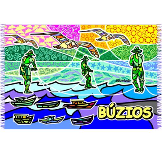 Pareo ozdobione jest motywami rybaków, łódek i mew morskich na tle w wibrujące wzory - CANGA BUZIOS